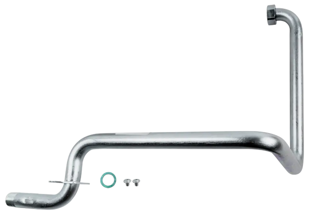 Verrohrung für Gasanschluss von Wolf, mit gebogenem Rohrdesign und Befestigungselementen. Geeignet für die Verbindung in Heizsystemen.
